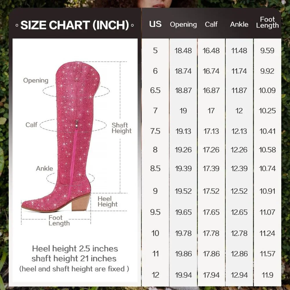 Women Hot-pink Faux Leather Sparkly Bling Rhinestone Over the Knee Cowboy Boots